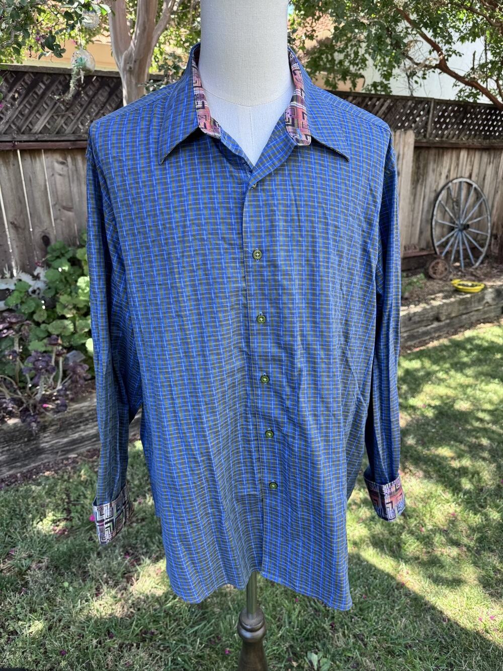Robert Graham Plaid Long Sleeve Button Up Shirt Men's 3XL Blue Olive Cotton